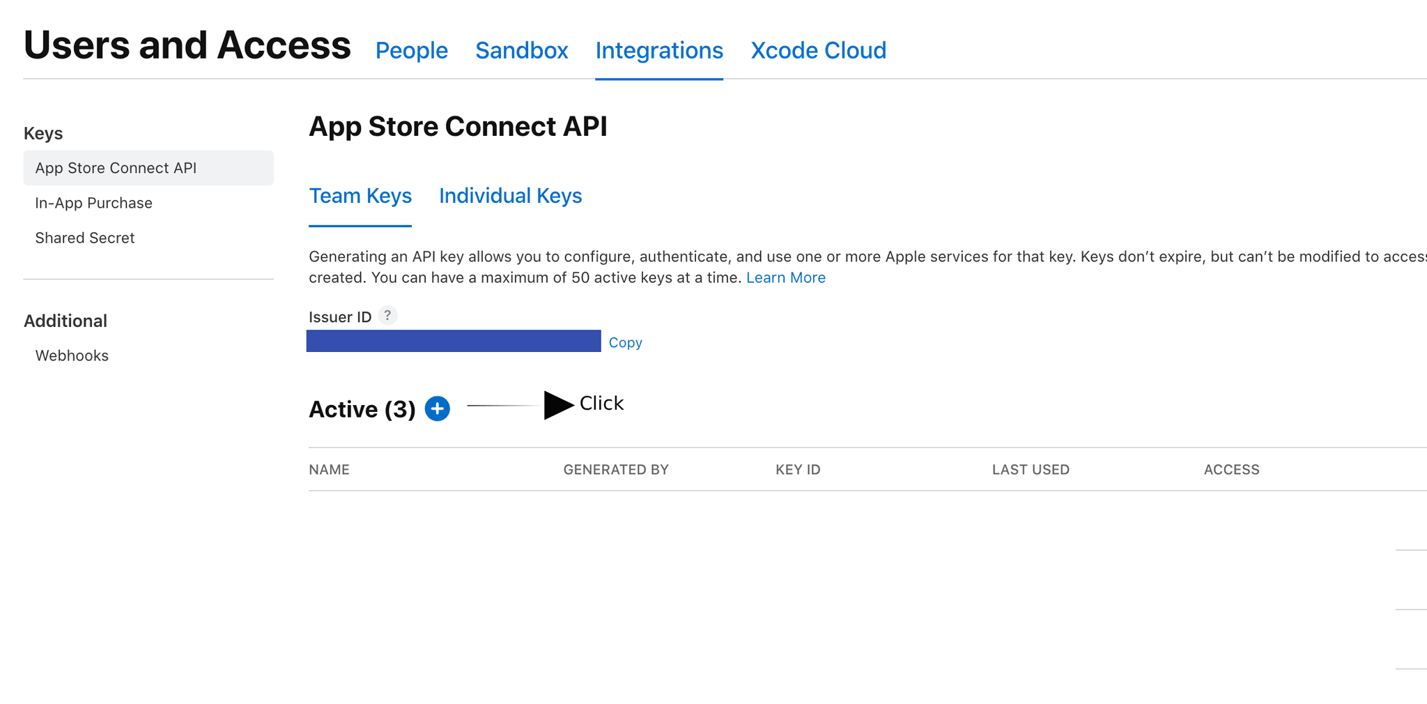 Users and Access page with Keys tab and App Store Connect API section highlighted
