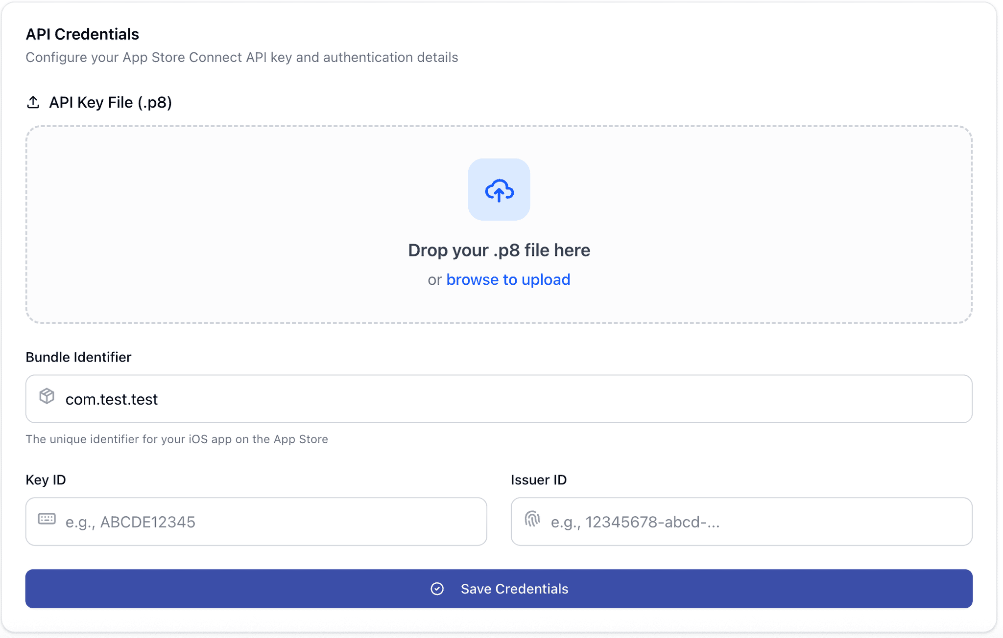 AppDrift credential configuration screen
