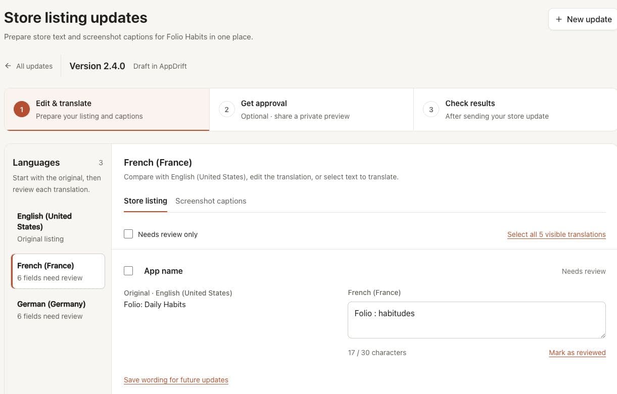 AppDrift Listing updates showing original English text alongside a French translation marked Needs review, with language selection and optional approval steps.