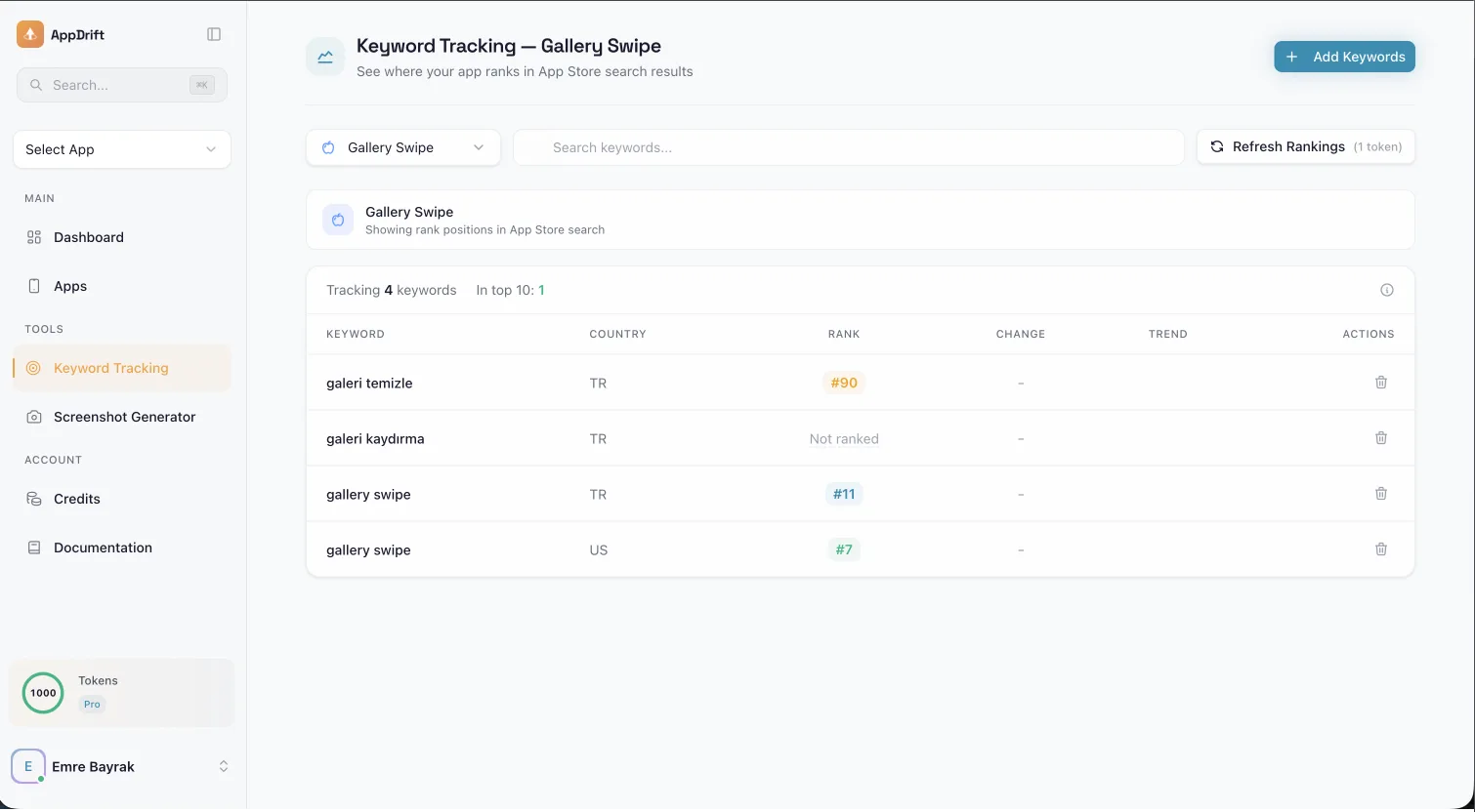 Keyword Tracking - Monitor app store keyword rankings with official Apple search performance data