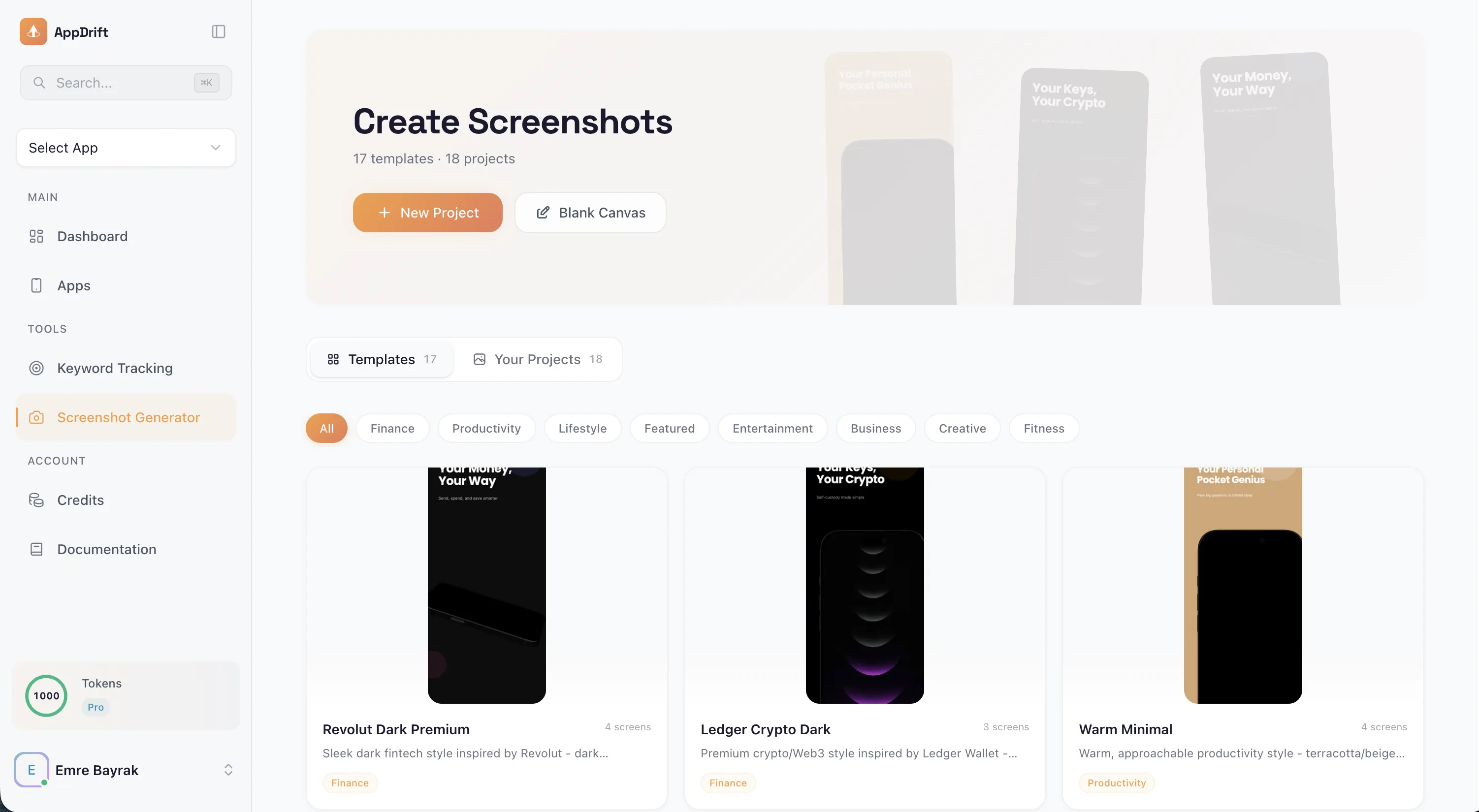 AppDrift screenshot generator — drag-and-drop editor with device frames and templates