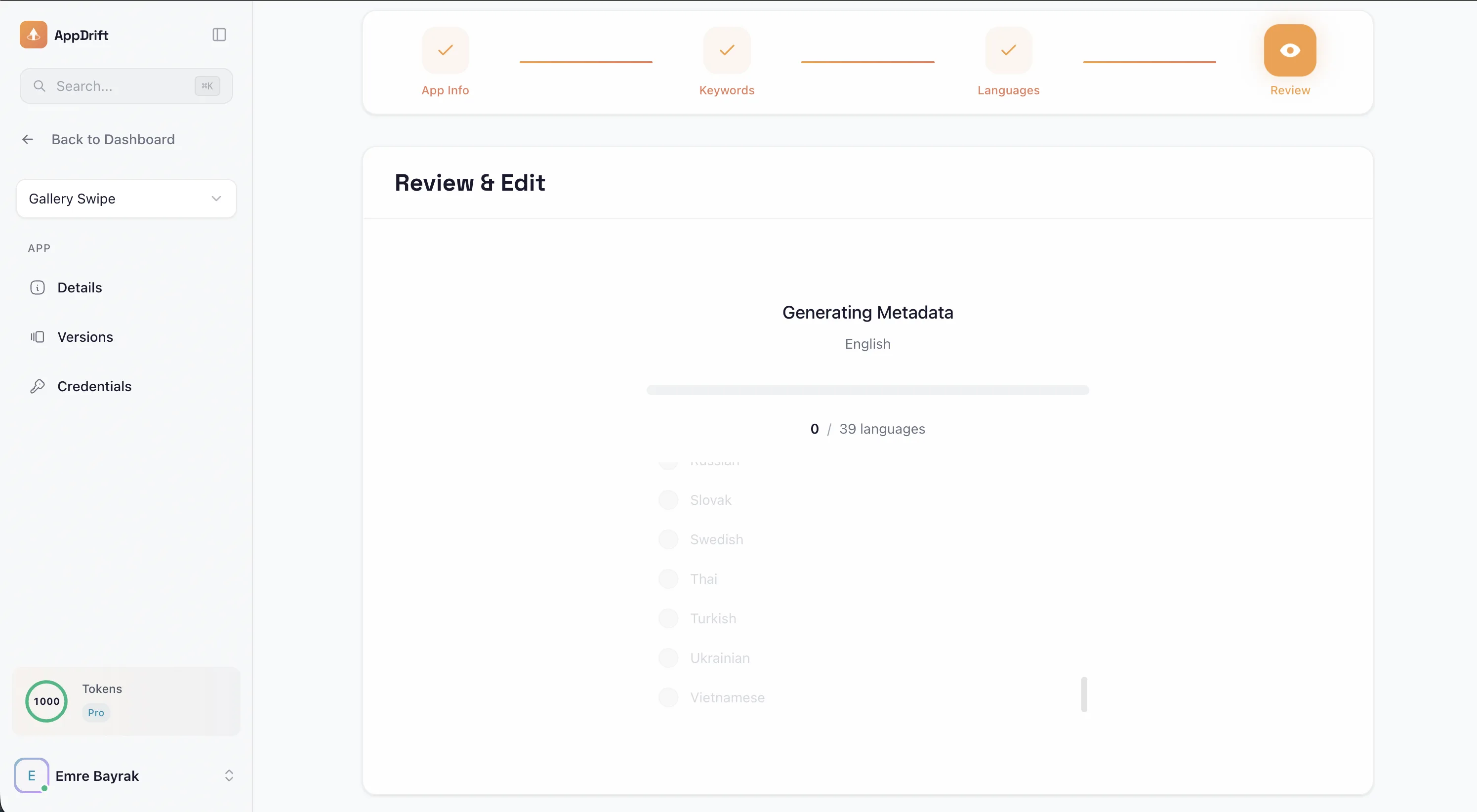 AppDrift store publishing dashboard deploying an app to App Store and Google Play across multiple countries