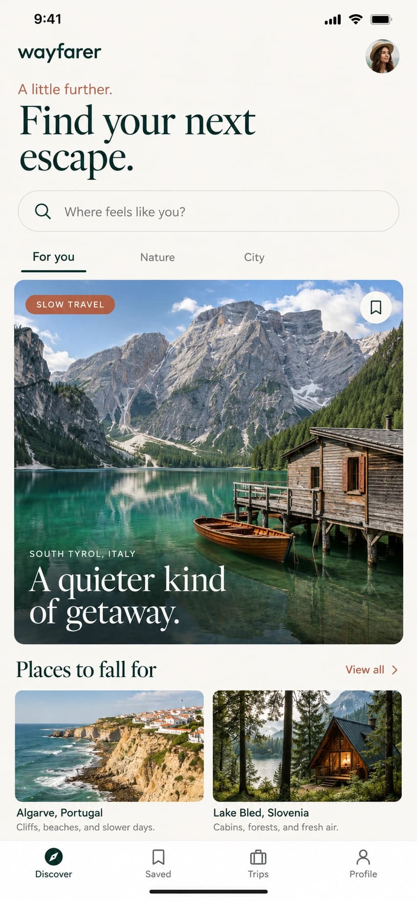 The original fictional Wayfarer travel discovery screen, preserved as an app image
