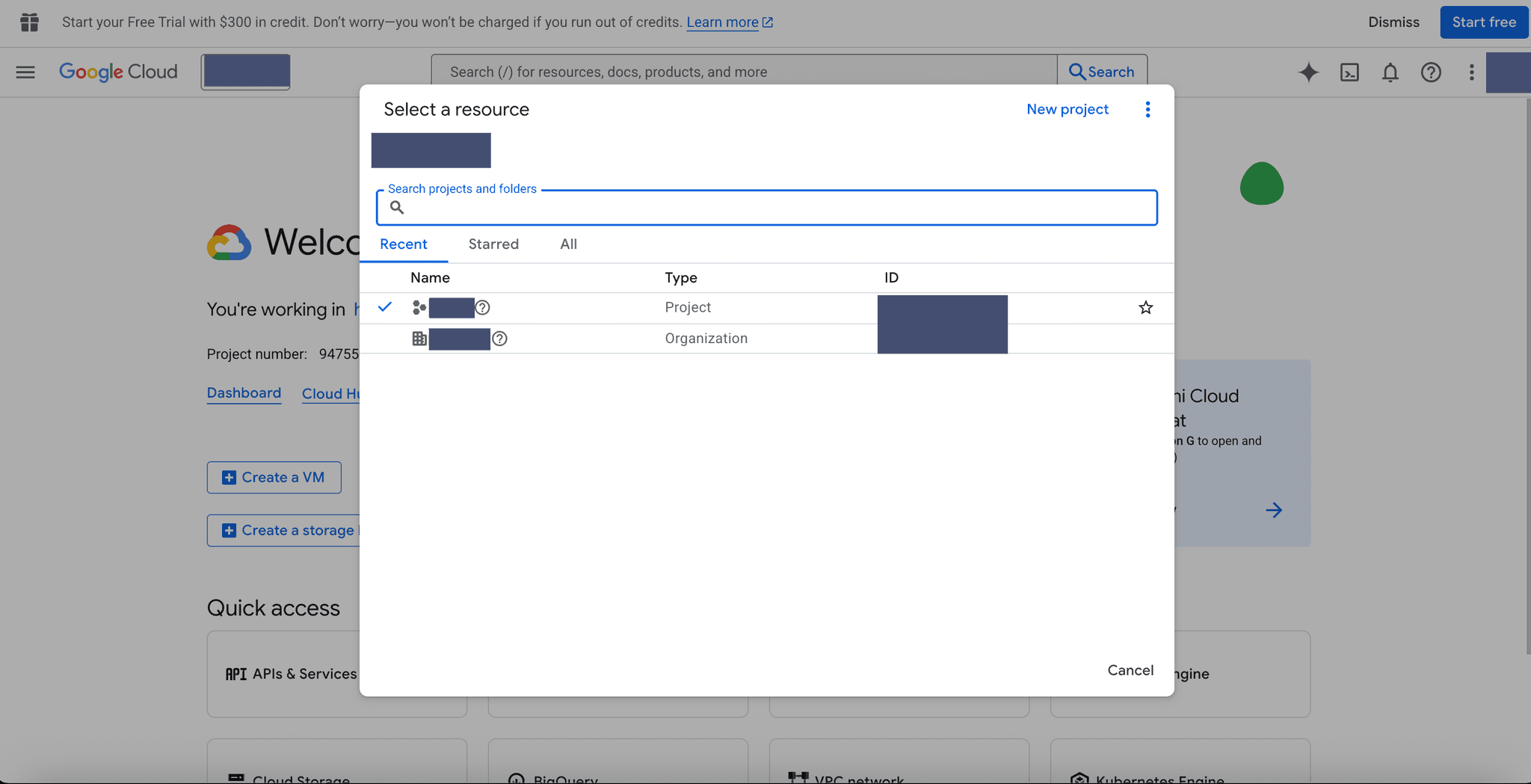 Google Cloud Console project selector