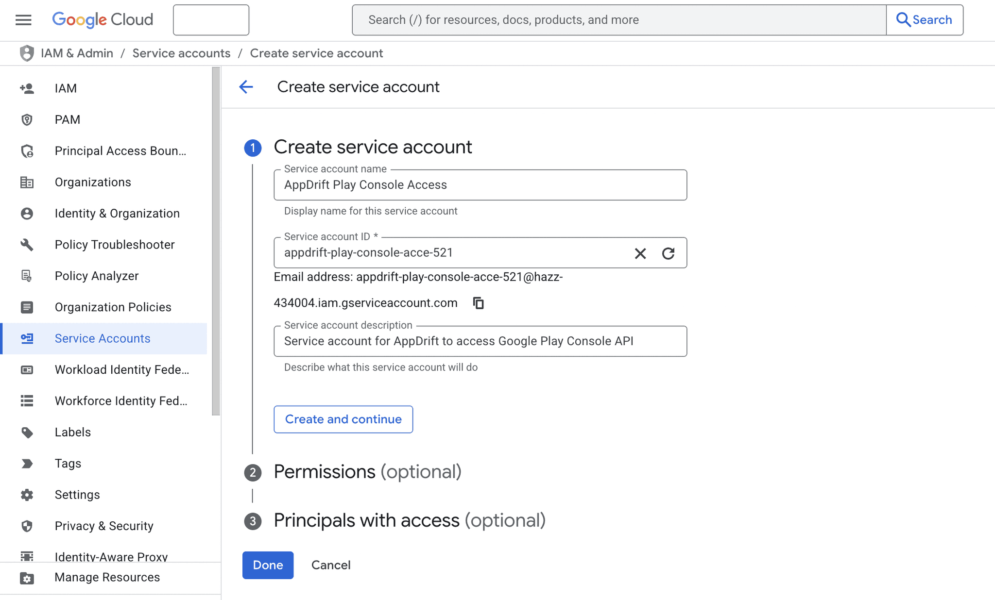 Service Account creation form with fields filled in