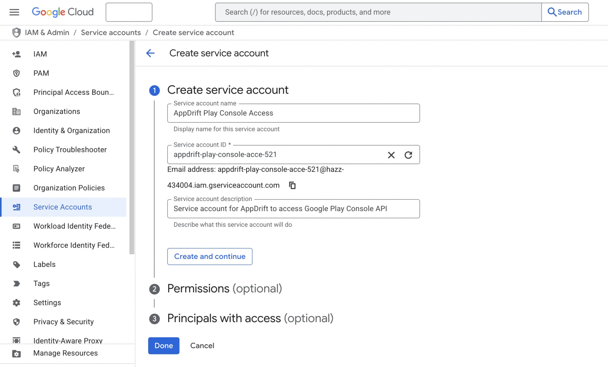 Service Account creation form with fields filled in
