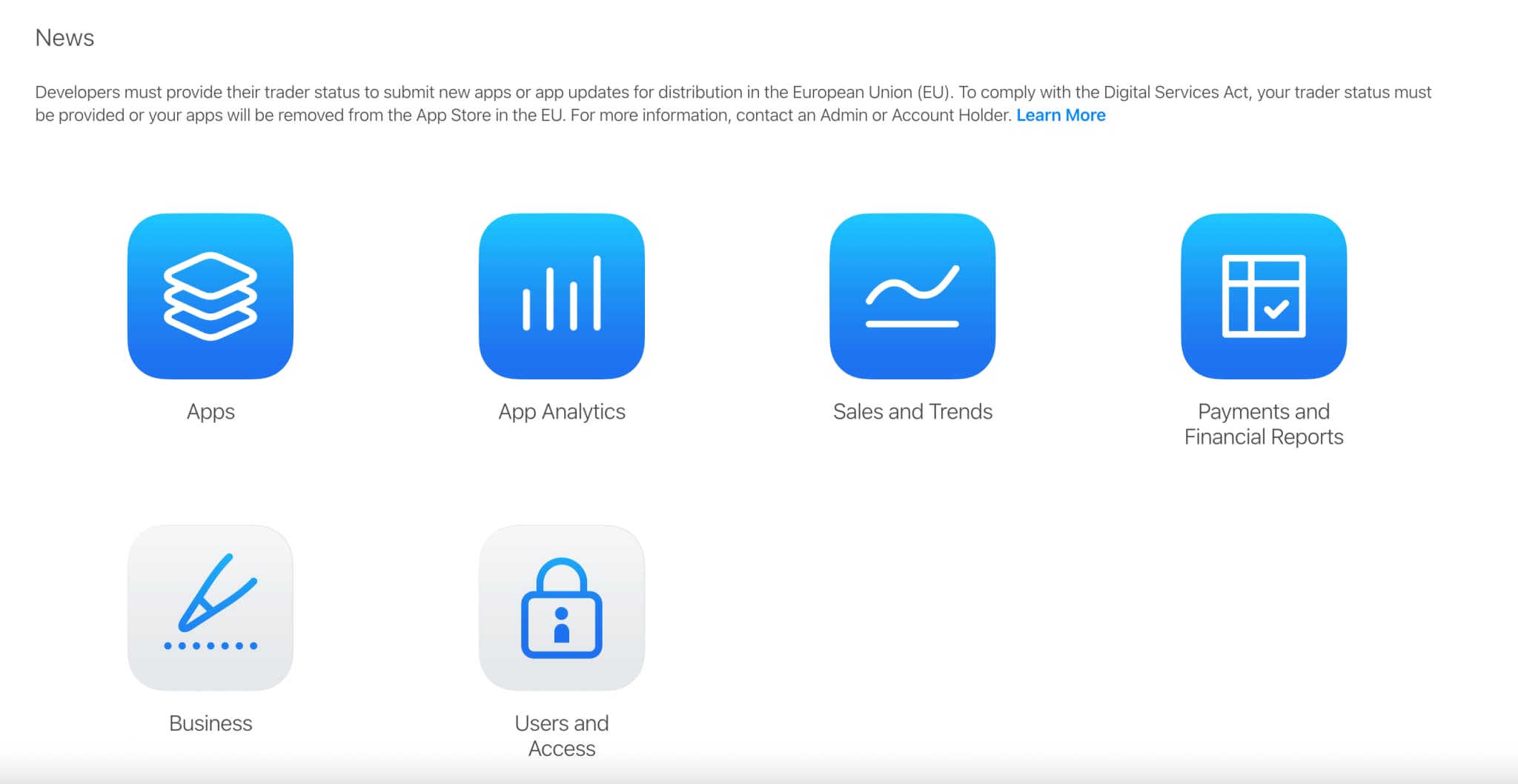 App Store Connect homepage
