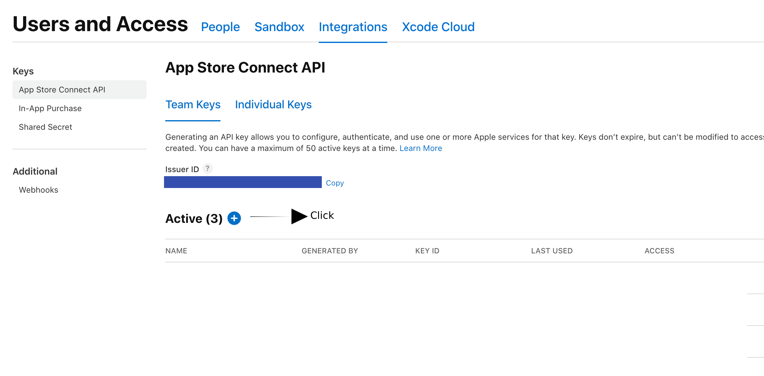 Users and Access page with Keys tab and App Store Connect API section highlighted