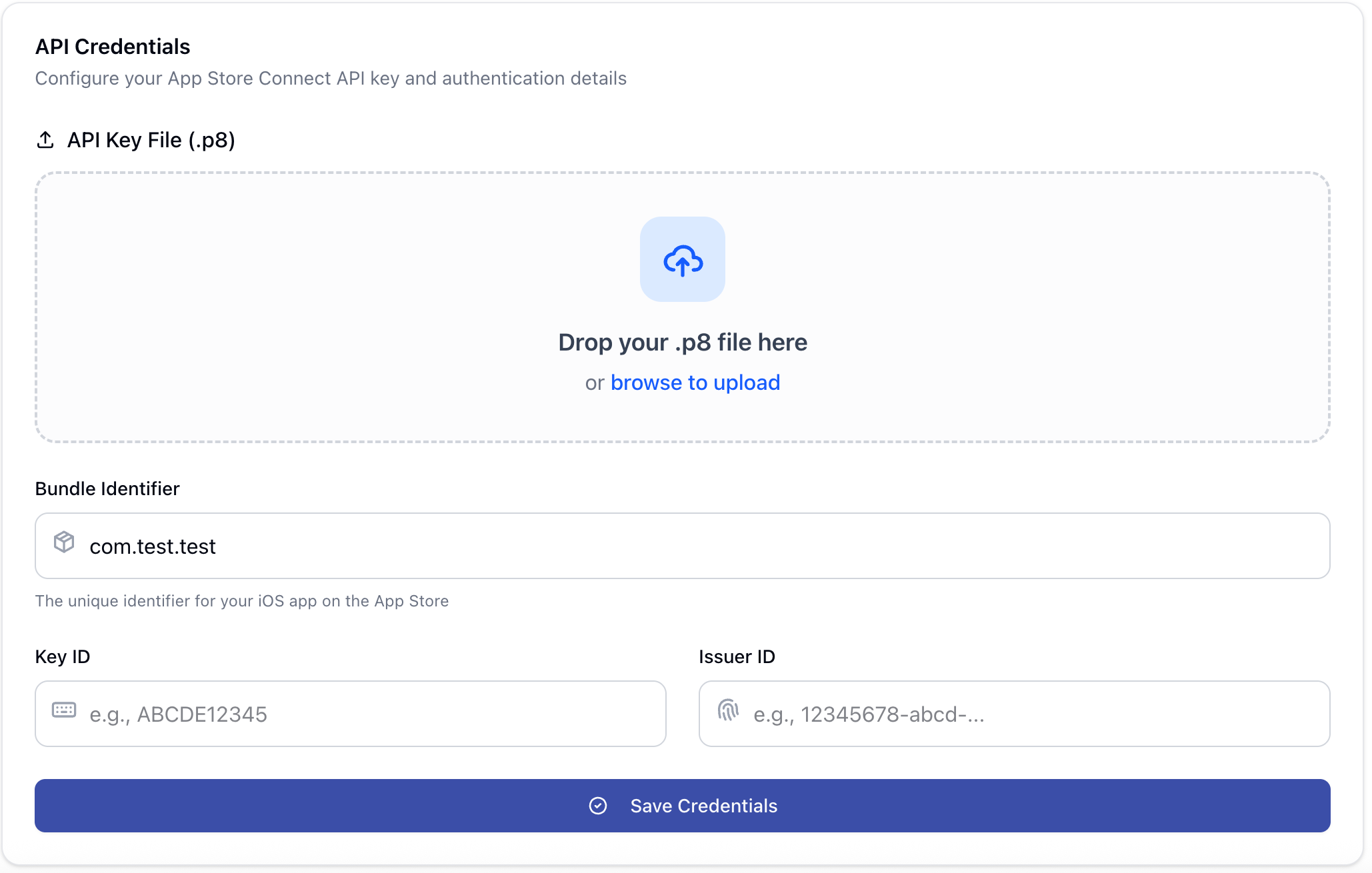 AppDrift credential configuration screen
