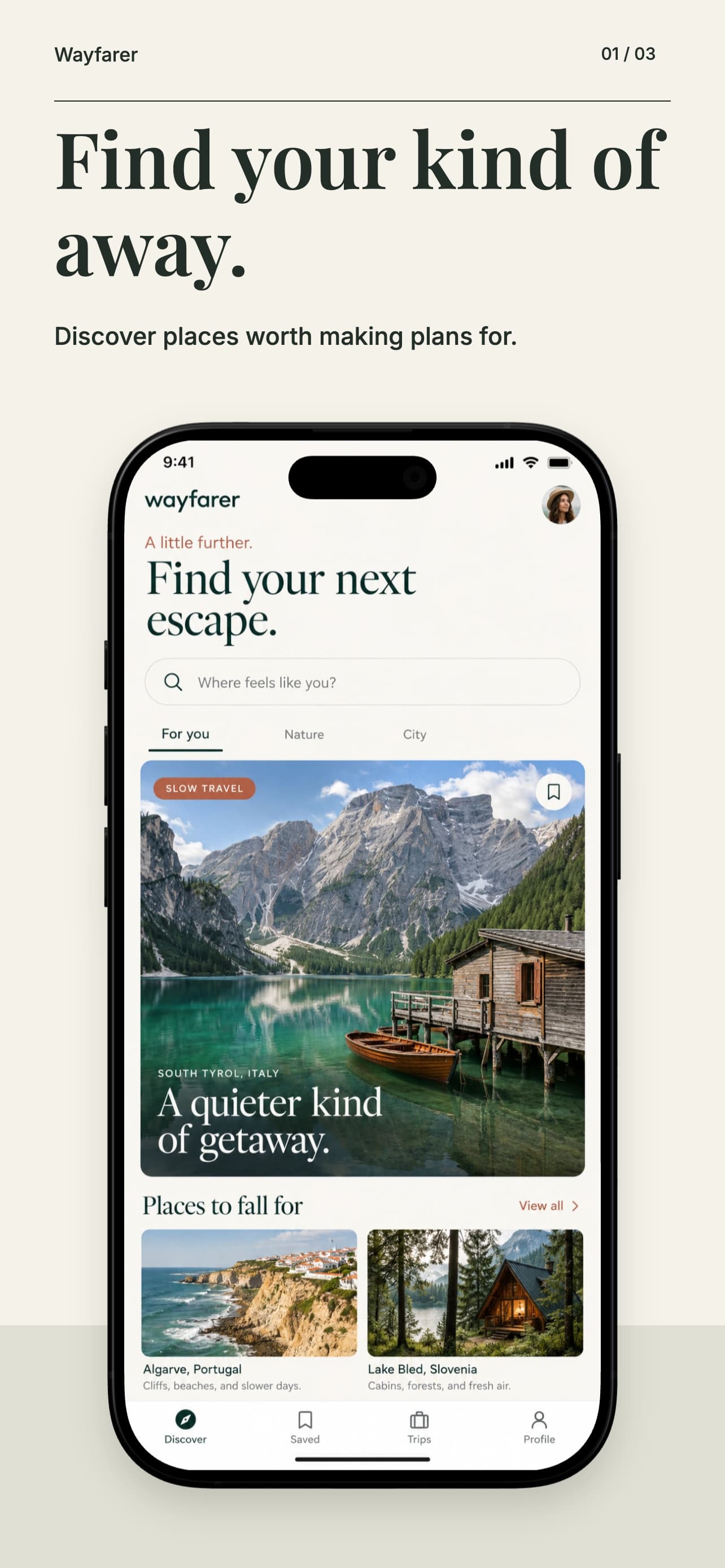 Wayfarer generator sample, screen 1: Find your kind of away.
