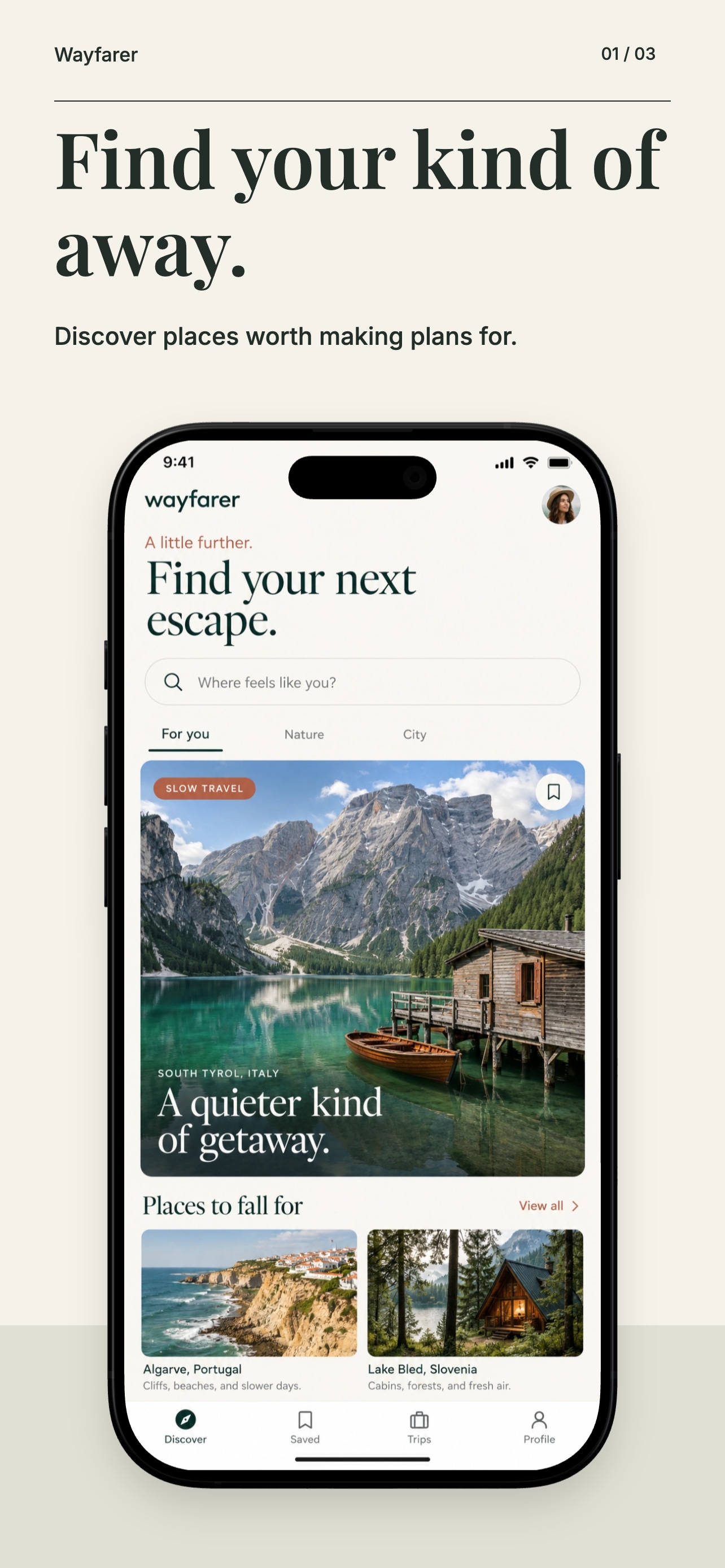 Wayfarer generator sample, screen 1: Find your kind of away.