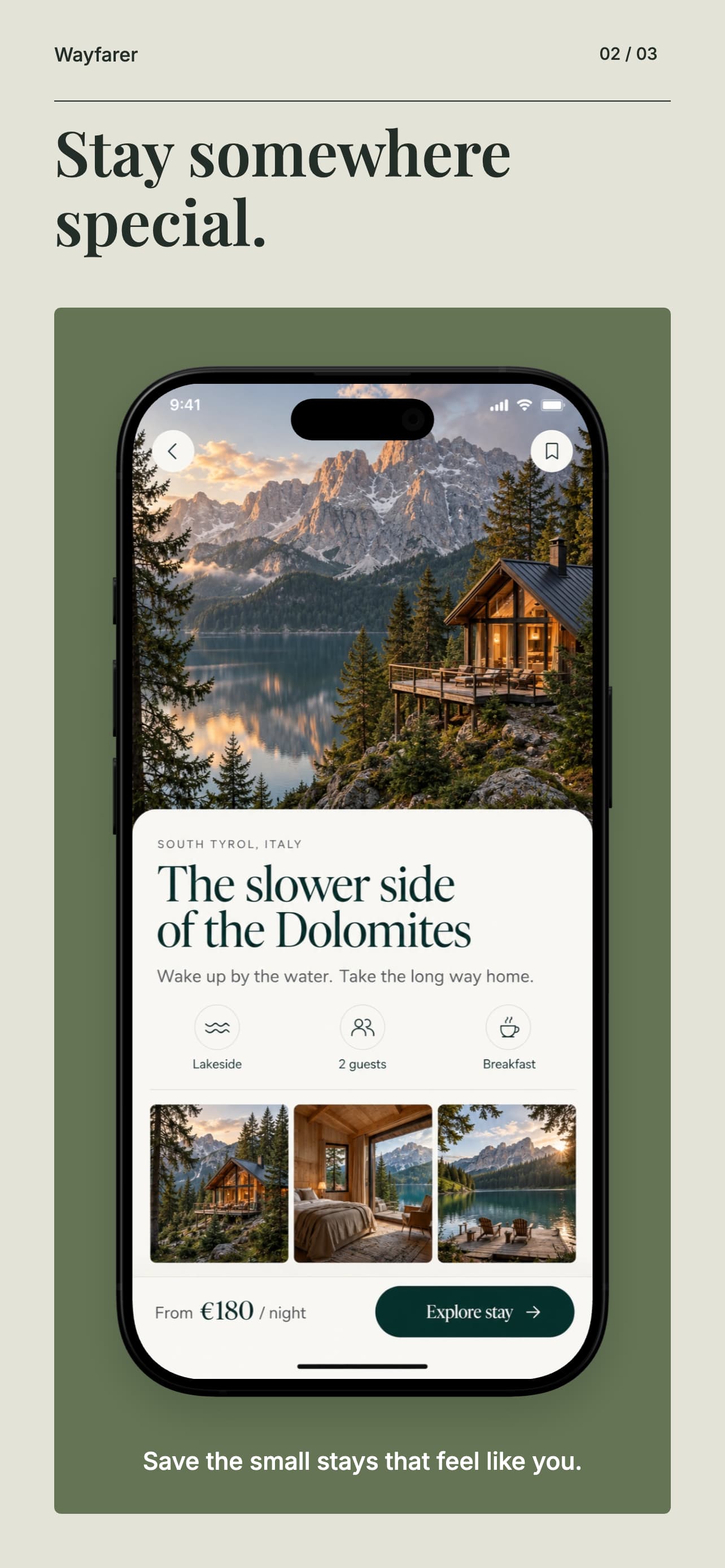 Wayfarer generator sample, screen 2: Stay somewhere special.