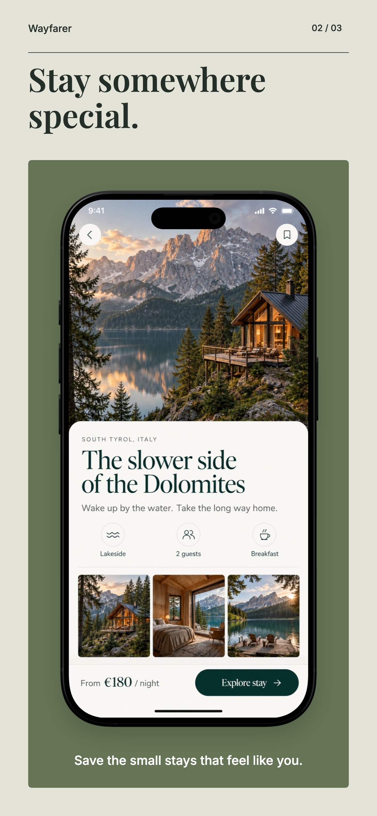 Wayfarer generator sample, screen 2: Stay somewhere special.