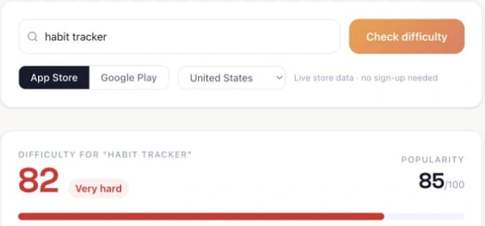 September 10, 2026 example: habit tracker has an estimated difficulty of 82 in the US App Store