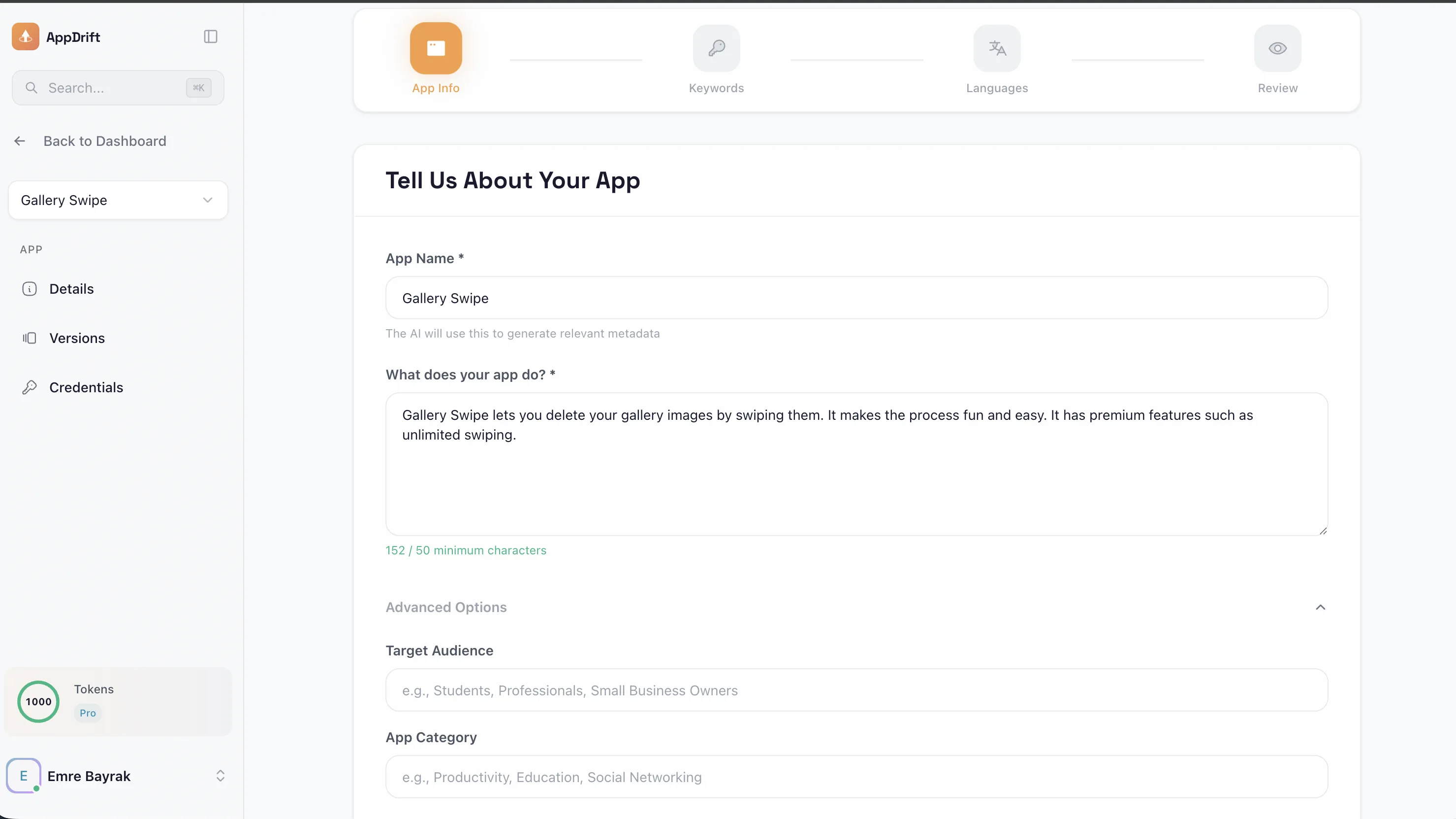 AppDrift workspace for reviewing generated titles, descriptions and keywords