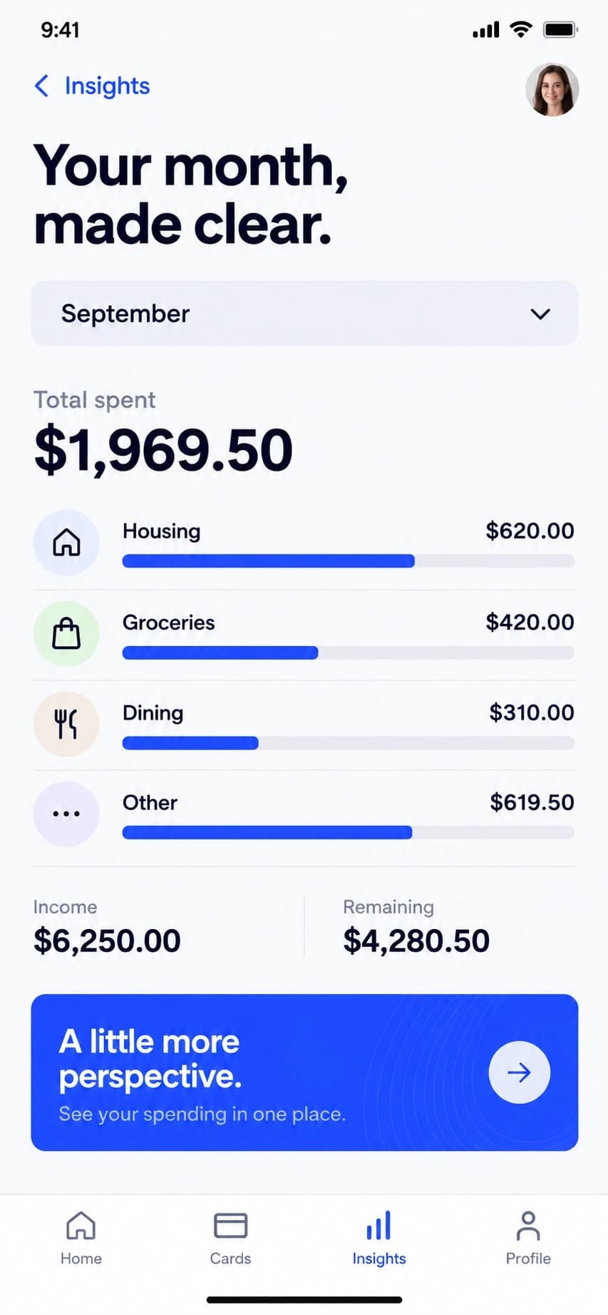 Folio sample app showing a monthly spending breakdown