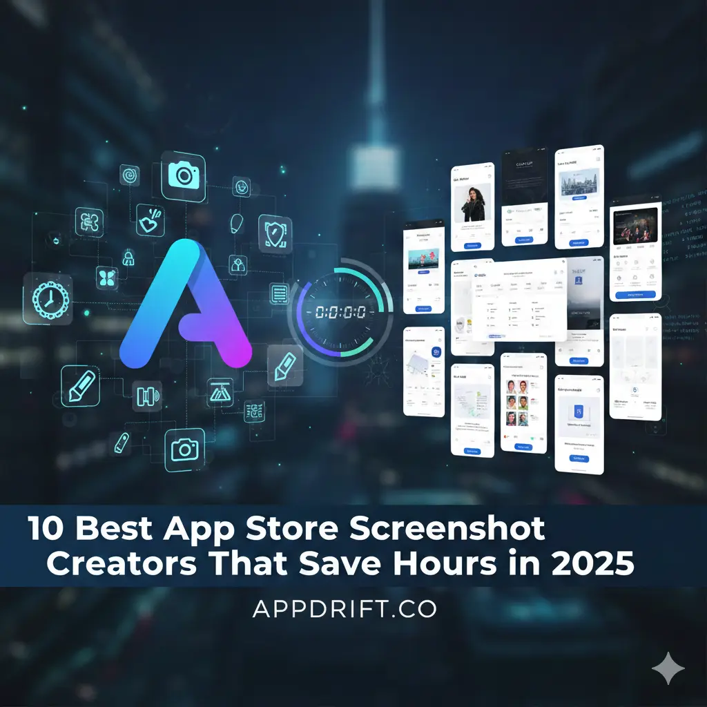 Modern workspace with MacBook, iMac, tablet, smartphones, and camera, showcasing app screenshot creation tools on screens.
