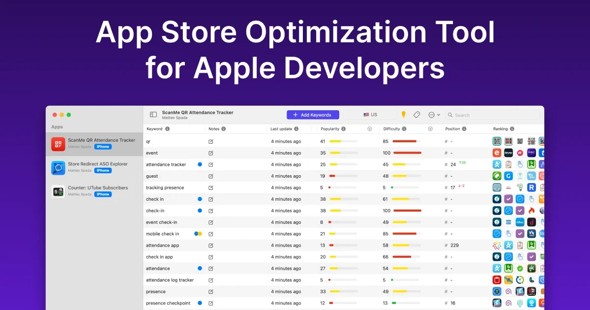 App Store keyword research interface displaying search volume and competition data and best practices overview