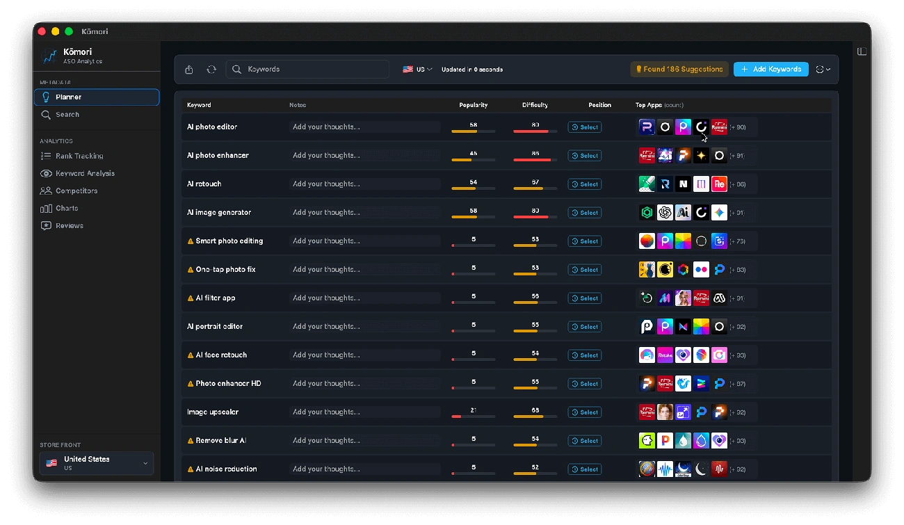 App Store Optimization dashboard showing keyword rankings and metadata analysis for mobile developers