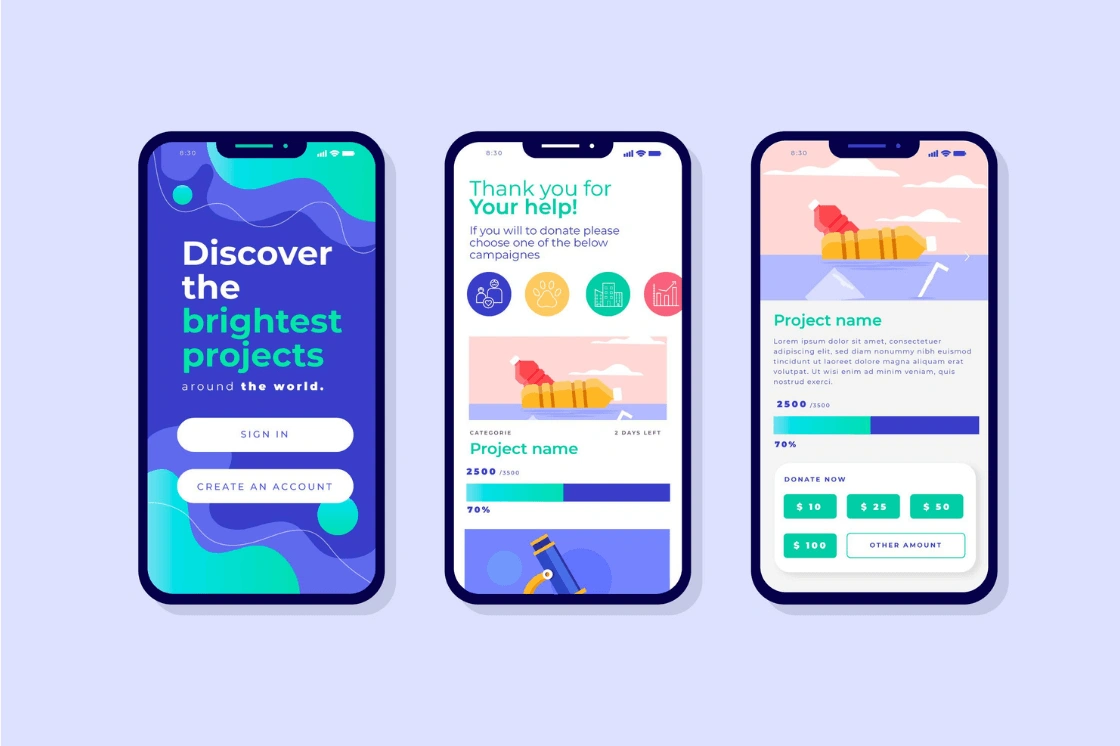 Three mobile screens showing a project discovery and donation app with sign-in, progress bars, and donation options.