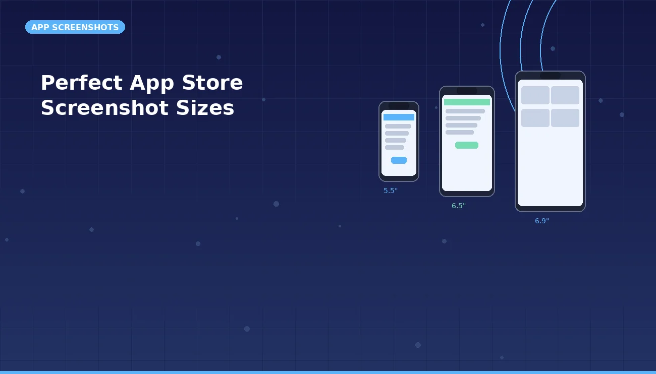 Smartphone, laptop, tablet, and smartwatch displaying app interfaces on a bright workspace for app screenshot sizing guide.