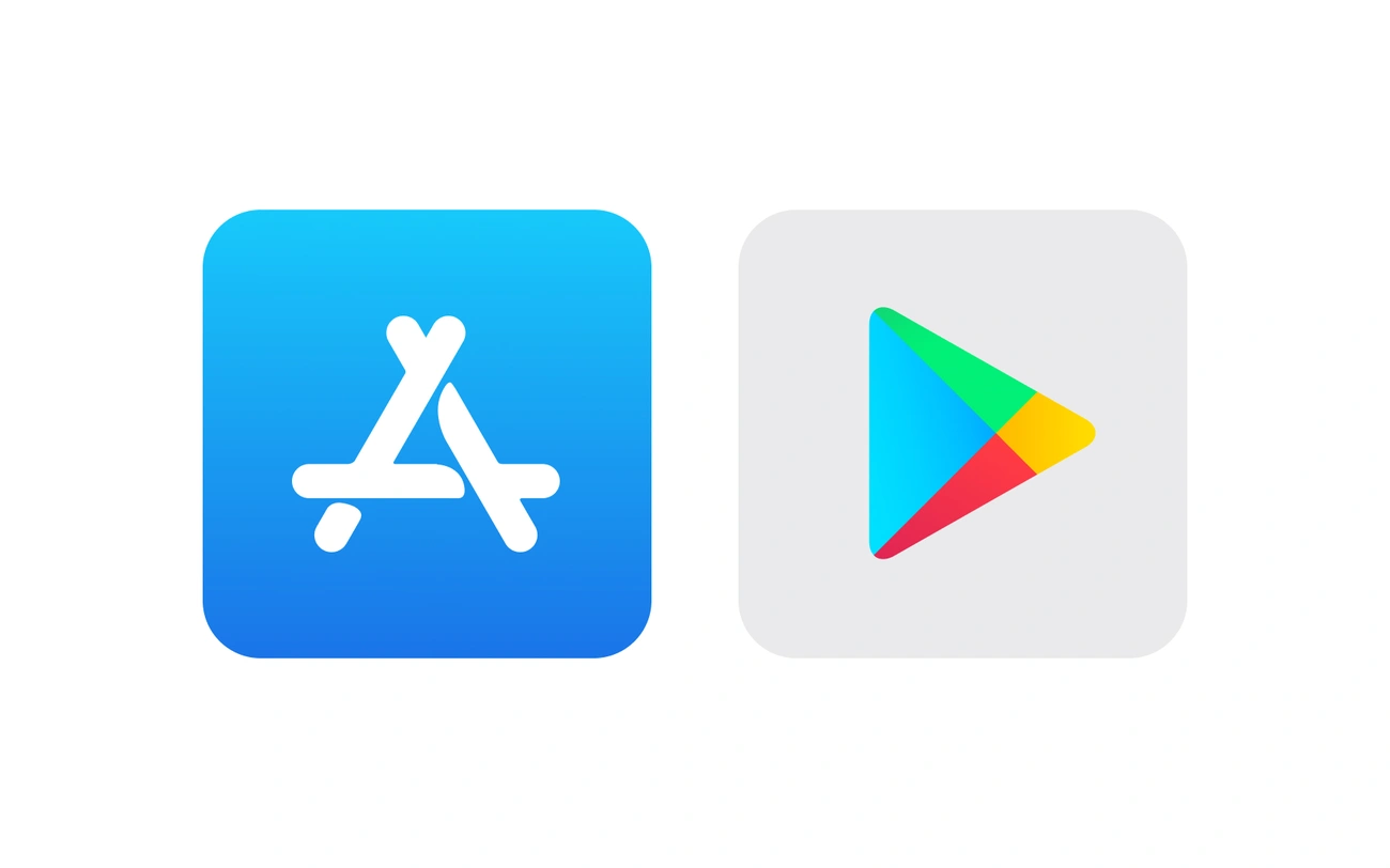 App Store and Google Play Store logos side by side on a white background.