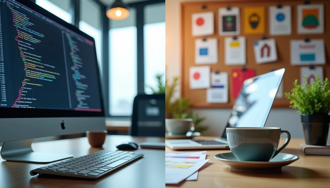 Split image showing a computer with code on screen and a workspace with a laptop, coffee cup, and pinned notes on a board.