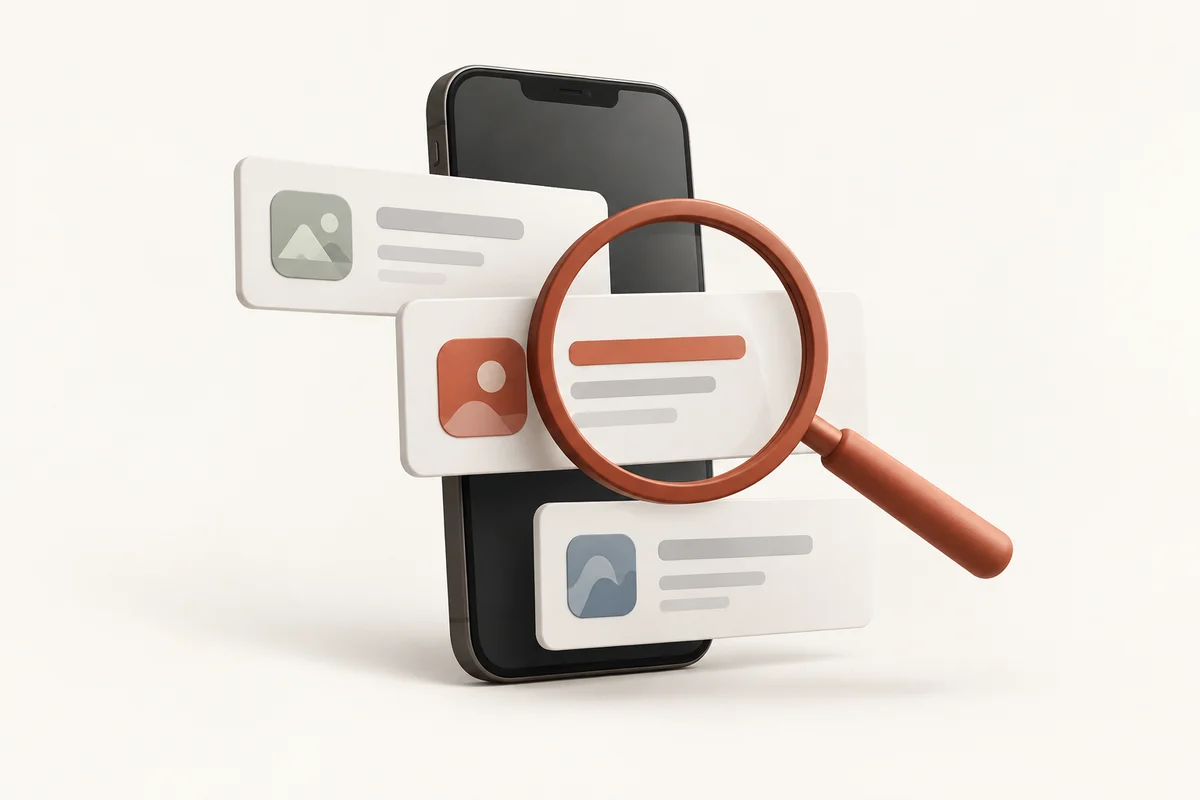 A terracotta magnifying glass over simplified app search results.