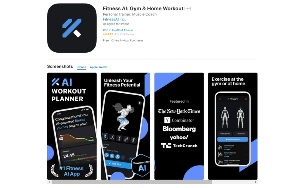 App Store page for Fitness AI workout app showing app icon, ratings, and screenshots of features and media mentions.