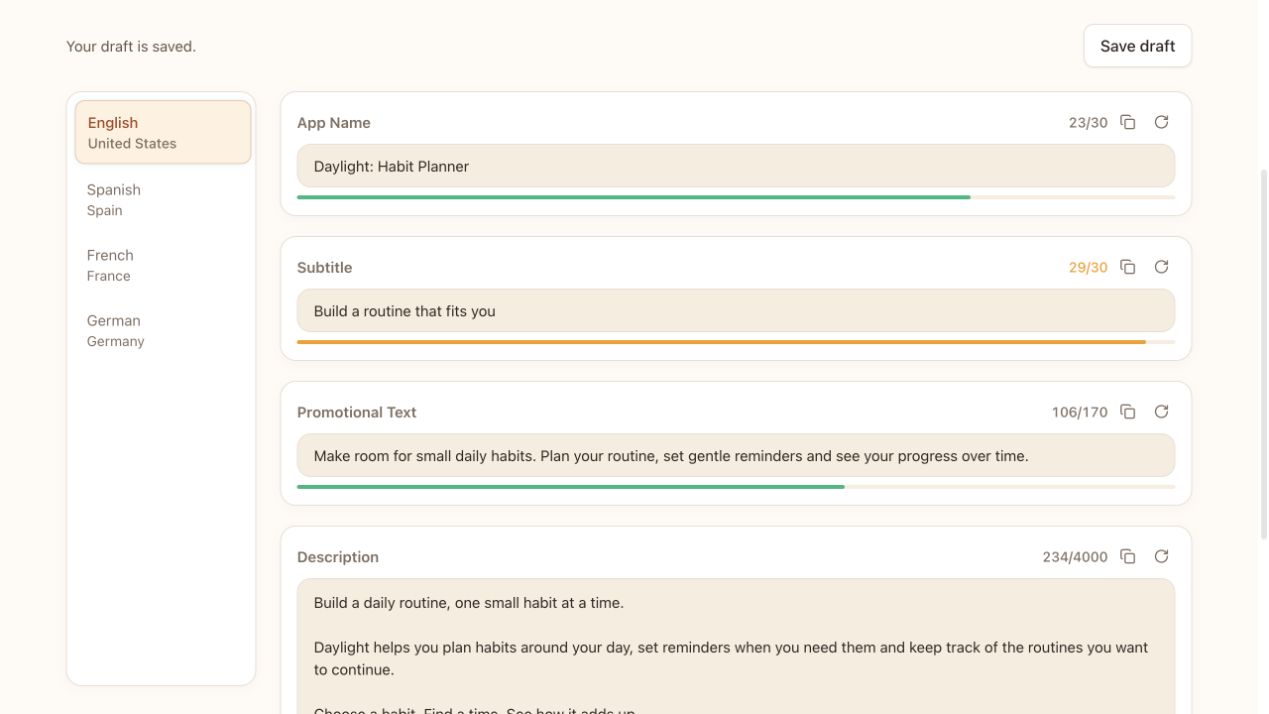 Current AppDrift listing editor with example metadata and language controls